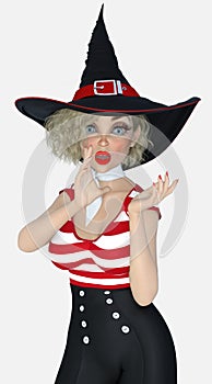 Close-Up of a young beautiful blond female witch whispering her secrets on an isolated white background