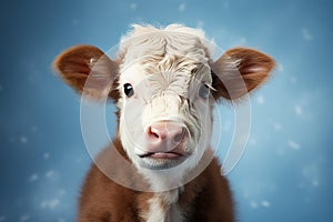 Close-up of a young calf with expressive eyes against a blue snowy background, radiating innocence.