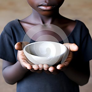 Close-up of a young child holding a bowl in his hands. Poverty photo