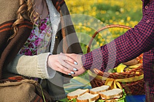 Close-up of a young couple holding hands over a fruit basket on a picnic