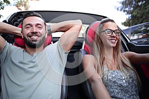 Close up.young couple travelling by car