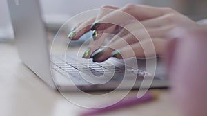 Close-up of young female Caucasian hands typing on laptop keyboard. Office work, modern technologies, online