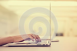 Close up of young female hands using laptop in modern office or loft near by the window