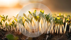Close-up of young green sprouts emerging from the soil