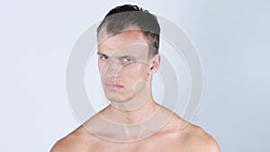 Close Up young man Portrait Negative Face Expression Refuse Say No Negation