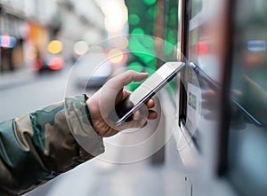 Close up of a young man& x27;s hands using a mobile phone to make a payment at an ATM machine in the city, in a closeup