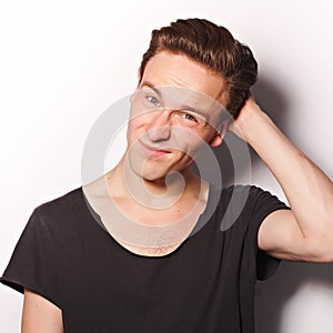 Close up of a young man on white background