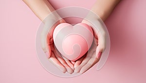 Close-up of a young romantic woman holding a pink heart. Concept of love, relationship and Valentine\'s Day