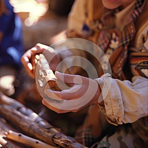 Close-up of a young scout& x27;s hands whittling wood with a pocket knife