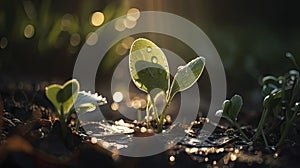 Close up Young seed germination and plant growing with rain water drop over green and morning sunlight environment. ai