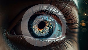 Close up of a young woman blue eye, staring at camera generated by AI