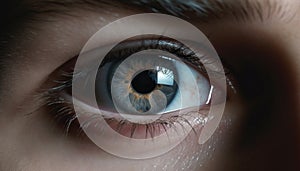 Close up of a young woman blue eye, staring into the camera generated by AI