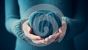 Close-up of a young woman in a cozy woolly pullover. Her hands holding a knitted heart. Concept of falling in love with knitting