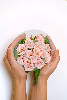 Close up of young woman florist hand creating bouquet of pink roses on a light