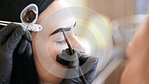 close up. young woman gets eyebrow correction procedure. kosmetolog- makeup artist applies paint with brush on eyebrows