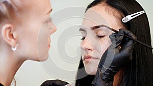 close up. young woman gets eyebrow correction procedure. kosmetolog- makeup artist applies paint with brush on eyebrows photo