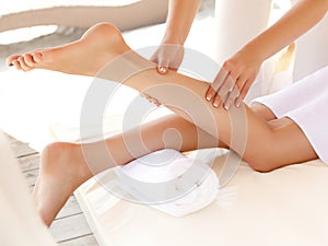 Close-up of a Young Woman Getting Spa Treatment. Foot Massage.