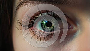 Close up of young woman green eye, staring into camera lens generated by AI
