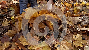 Close up of young woman and her little daughter throw yellow autumn leaves in the city park. Slow motion