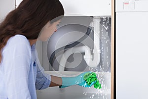 Woman Holding Napkin Under Sink Pipe Leakage photo