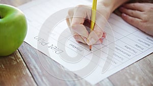 Close up of young woman writing diet plan at home