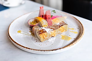 Close up of yummy french toast with fresh fruits