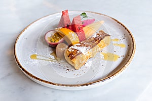 Close up of yummy french toast with fresh fruits