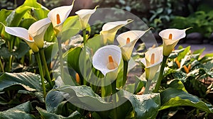 Close up of Zantedeschia aethiopica, also known as calla lily or arum lily.
