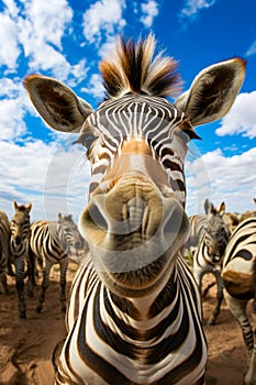 Close up of zebra's face with other zebras in the background. Generative AI