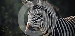A close up of a zebra standing in front of trees