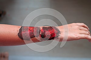Close up of Zombie hand with blood. Horror and scary concept. Thriller concept