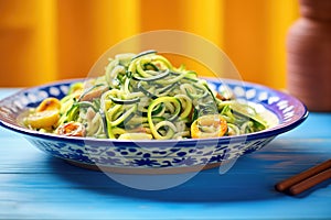 close-up of zoodles on a blue ceramic plate
