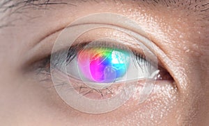 Close-Ups of colorful rainbow eye. Texture of the Multi-Colored gradient visible spectrum contact lens. Macro detail