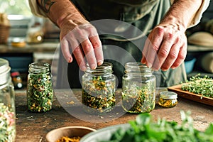Close-ups of hands preparing and using herbal tinctures