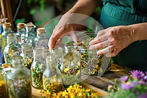 Close-ups of hands preparing and using herbal tinctures