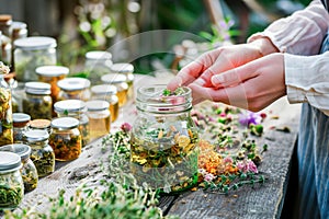 Close-ups of hands preparing and using herbal tinctures