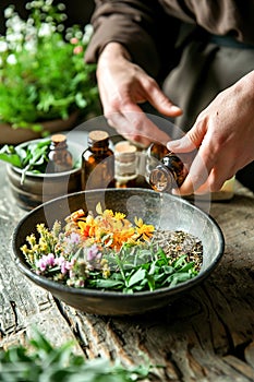 Close-ups of hands preparing and using herbal tinctures