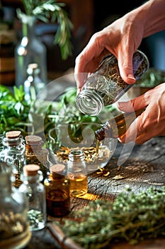 Close-ups of hands preparing and using herbal tinctures