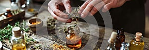 Close-ups of hands preparing and using herbal tinctures