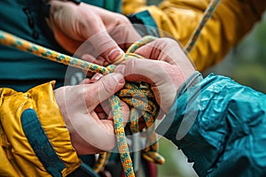 Close-ups of hands tying knots for outdoor activities. Colorful rope.