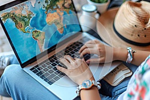 Close-ups of hands typing on a laptop with a travel backdrop