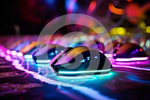 Close ups of RGB lit gaming mouse