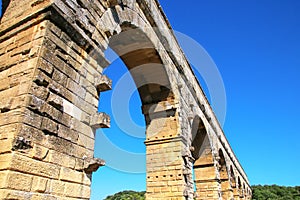 Close view of Aqueduct Pont du Gard in southern France