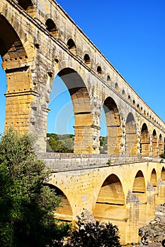 Close view of Aqueduct Pont du Gard in southern France