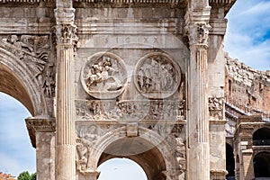 Close view of Arch of Constantine in Rome, Italy