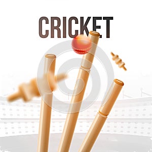 Close view of ball hitting wicket stumps illustration for cricket tournament.