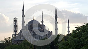 close view of the blue mosque at sunset in istanbul
