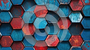 Close view of blue and red hexagonal texture