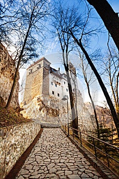 Close view of Bran Castle with stoned path