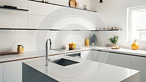 Close view on bright kitchen room interior with white wall. Generative AI